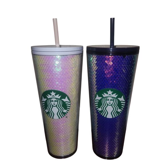 Starbucks Brand New Pink White & Iridescent Purple Sequin Venti Tumblers - Picture 1 of 8